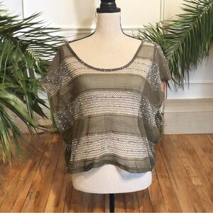 WET SEAL Olive Green Sequin Mesh See-Through Short Sleeve Top – Size Large